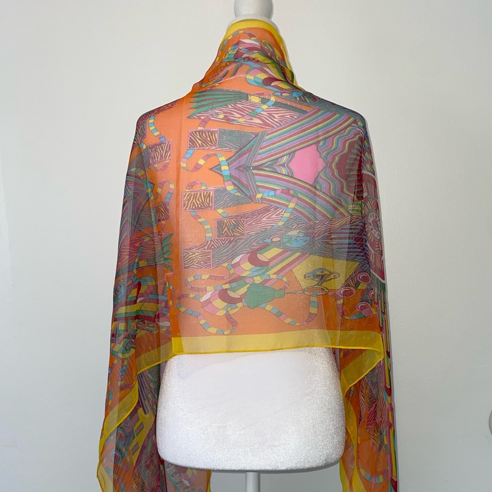 Colorful Patterned Long Orange Transparent‎ Spring Silk Modal Scarf 63” x 21” - Picture 5 of 8
